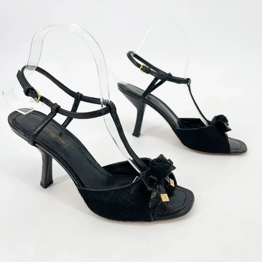 Vintage Louis Vuitton Black Pony-Style Calf Leather Rose T-Strap Sandals EU 37.5